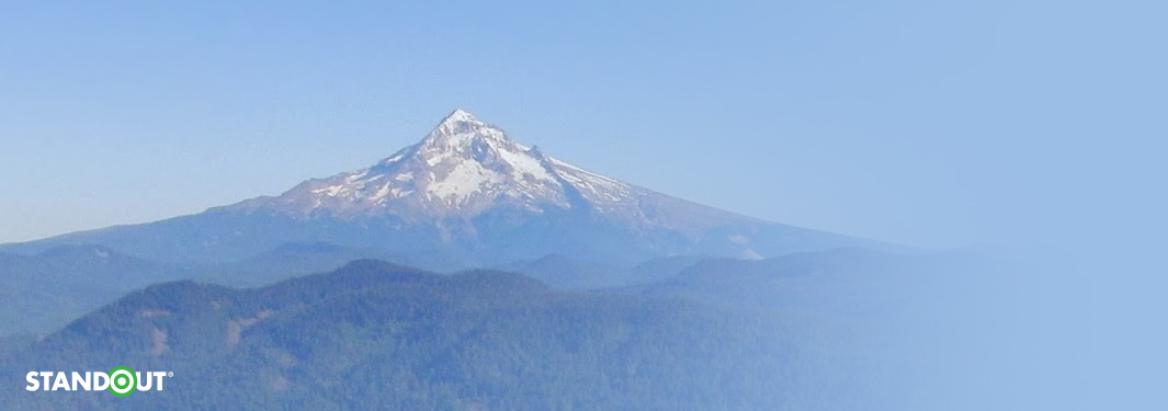 Beautiful photo of Mount Hood with the Stand Out logo.